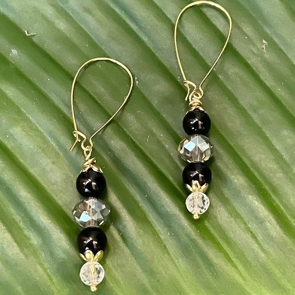 𝅺22KT Gold over Sterling Silver Earrings Genuine Black Onyx Crystal Modern Chic - Picture 3 of 6